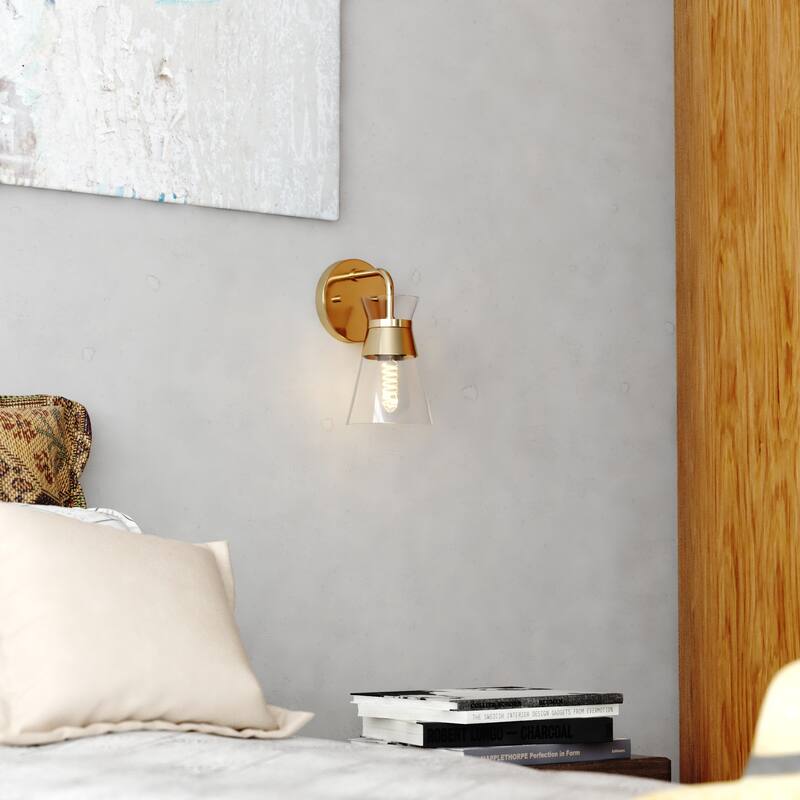 VAXCEL Harper Natural Brass Gold Mid-Century Modern Bathroom Vanity Lighting Fixture, Clear Glass Shade, Wall Sconce