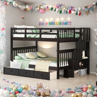 Full-Over-Full Stairway Wood Bunk Bed with Drawer,Storage and Guard Rail for Bedroom,Maximized Storage SpaceEspresso
