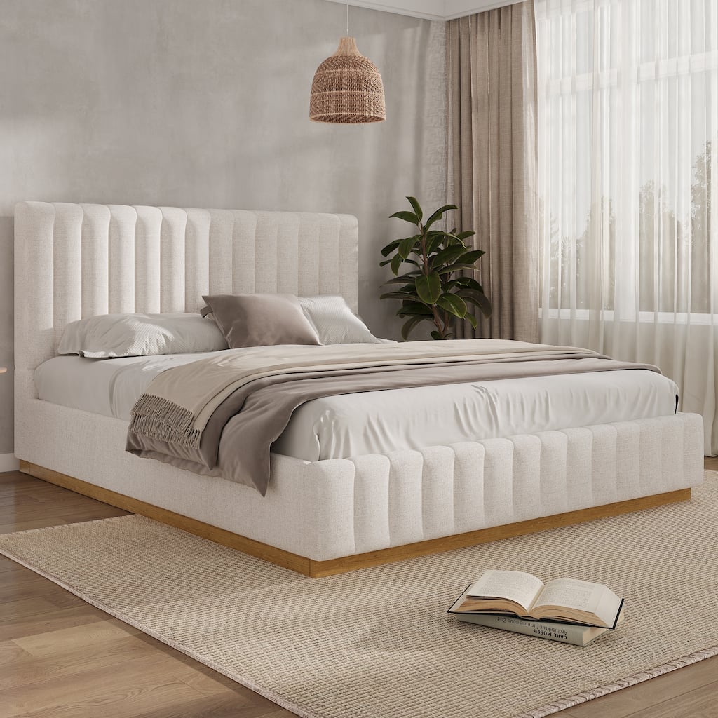 King/Queen Size Bed Frame with Linen Upholstered Headboard and Solid Wood Base, No Box Spring Needed Platform Bed