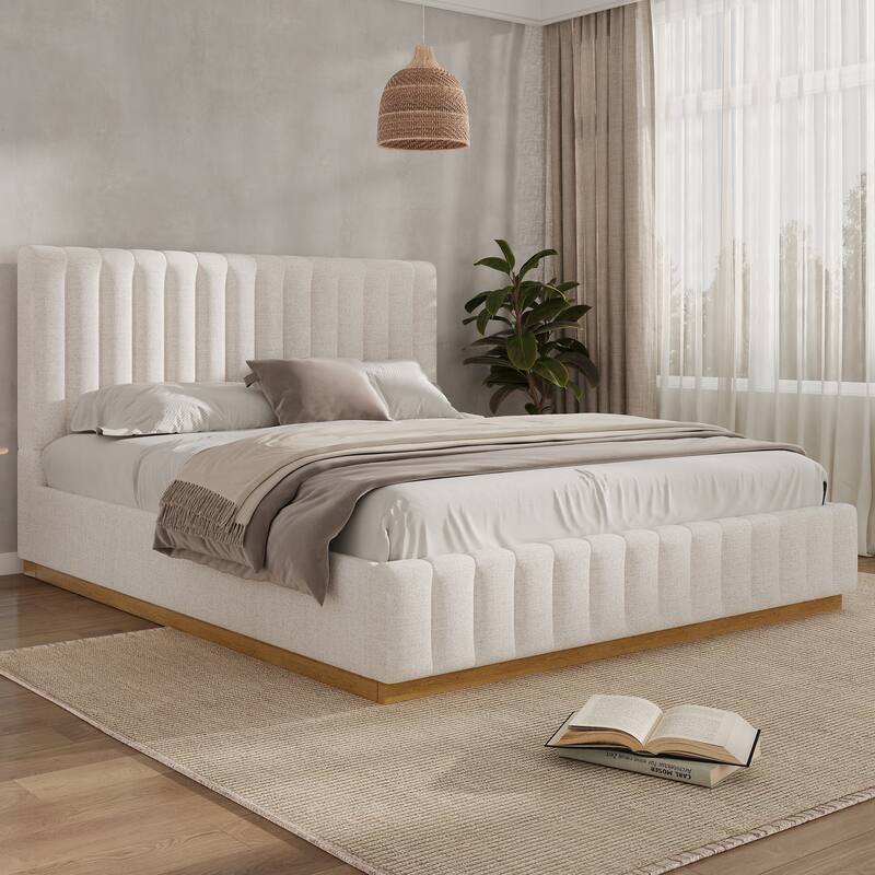 Upholstered Bed Frame Linen Fabric Platform Bed with 46''H Thick Headboard/Solid Wood Base/No Box Spring Needed/Noise Free/Beige