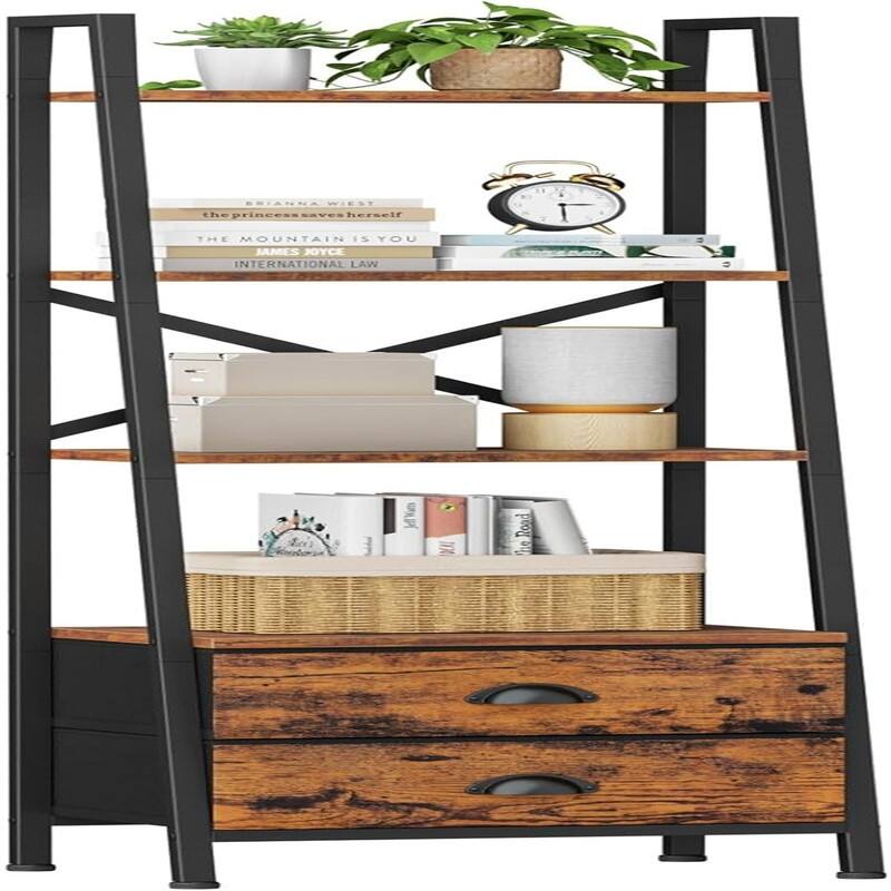 4 Tier Ladder Shelf Small Bookshelf with 2 Drawers - 11.42"D x 15.35"W x 51.97"H - Rustic Brown - 11.42"D x 15.35"W x 51.97"H