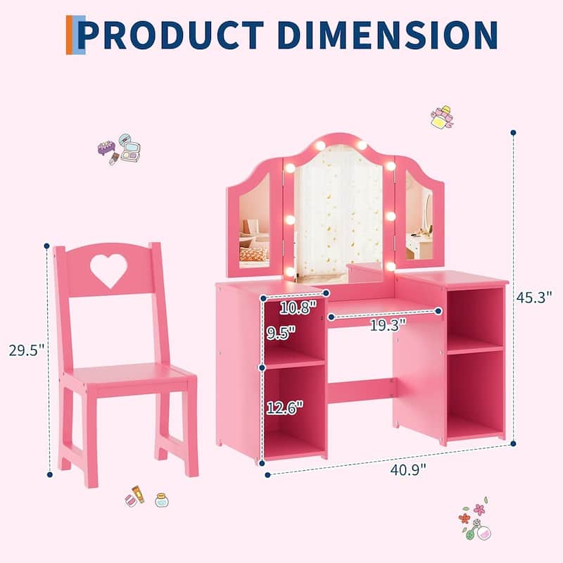Kids Vanity Table, Princess Makeup Desk Set for Toddler