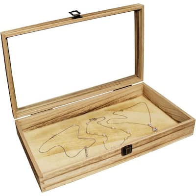 Wood Glass Top Jewelry Display Case Accessories Storage for Collectibles - S