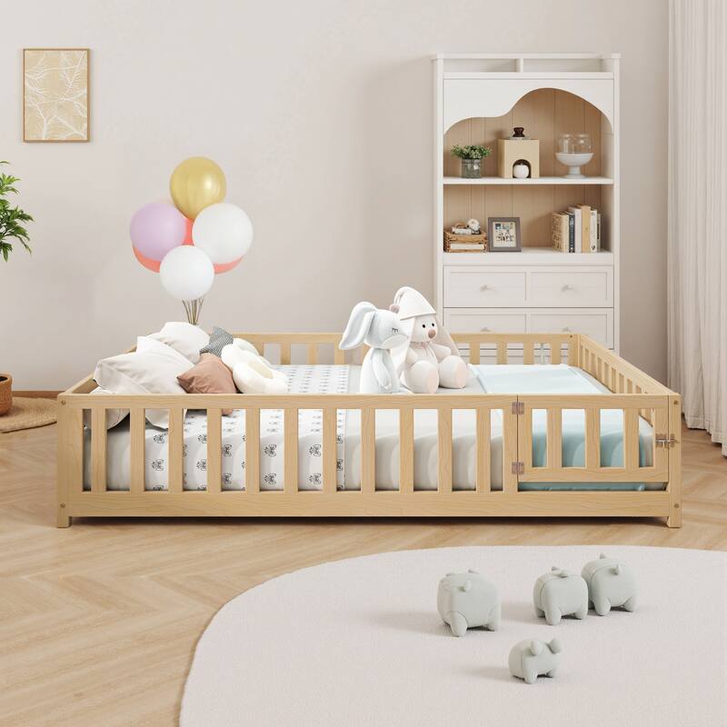 Full Size Floor Platform Bed with Fence and Door for Kids, Wooden Montessori Floor Bed Frame