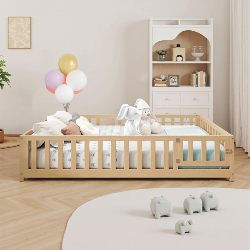 Natural Full Size Floor Platform Bed with Fence and Door for Kids - Natural