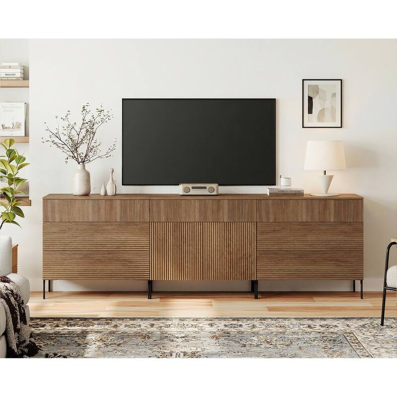Modern Reeded Dresser TV Stand For Tvs Up To 100 Inch, Entertainment Center With Drawers - Walnut