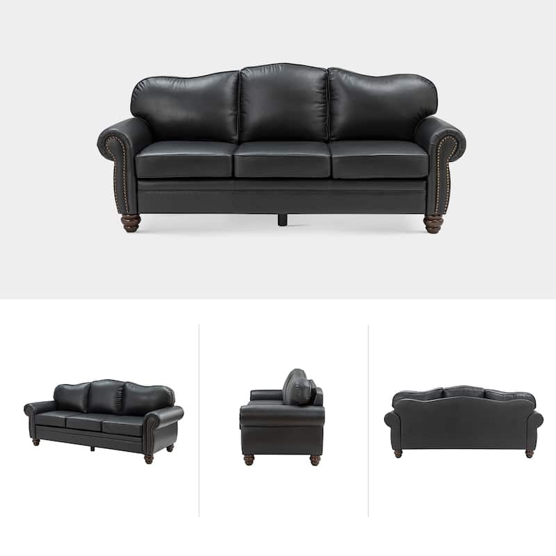 Balvino 81" Wide Transitional Genuine Leather Rolled Arm Sofa with Nailhead Trim and Removable Cushions