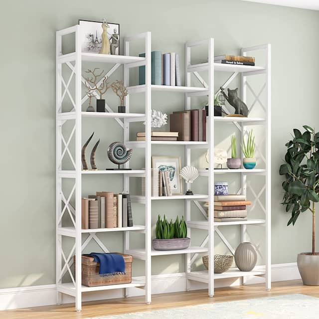 Large Triple Wide 5-Shelf Etagere Bookcase - all white