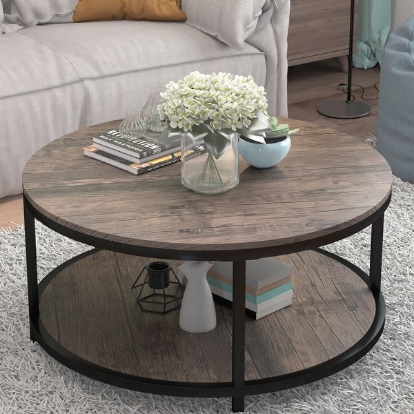 S.Fyronti Round Farmhouse Coffee Table with Floor Shelf Bed Bath