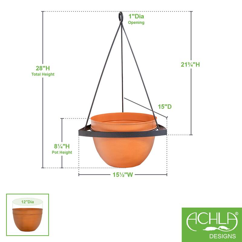 Achla Designs 28"H Black Wrought Iron Lina Hanging Planter w/ Burnt Sienna Galvanized Steel Pot