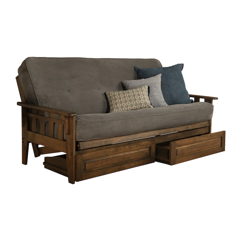 Somette Tucson Full Size Futon Set in Rustic Walnut Finish with Storage Drawers and Mattress