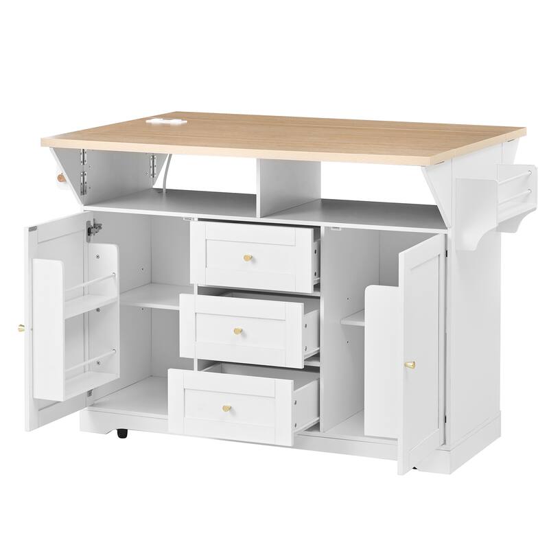 GDF Studio - Modern Extendable Kitchen Island Cart with Power Outlet, Storage Cabinet, and 5 Locking Wheels - 47"x18"x36"