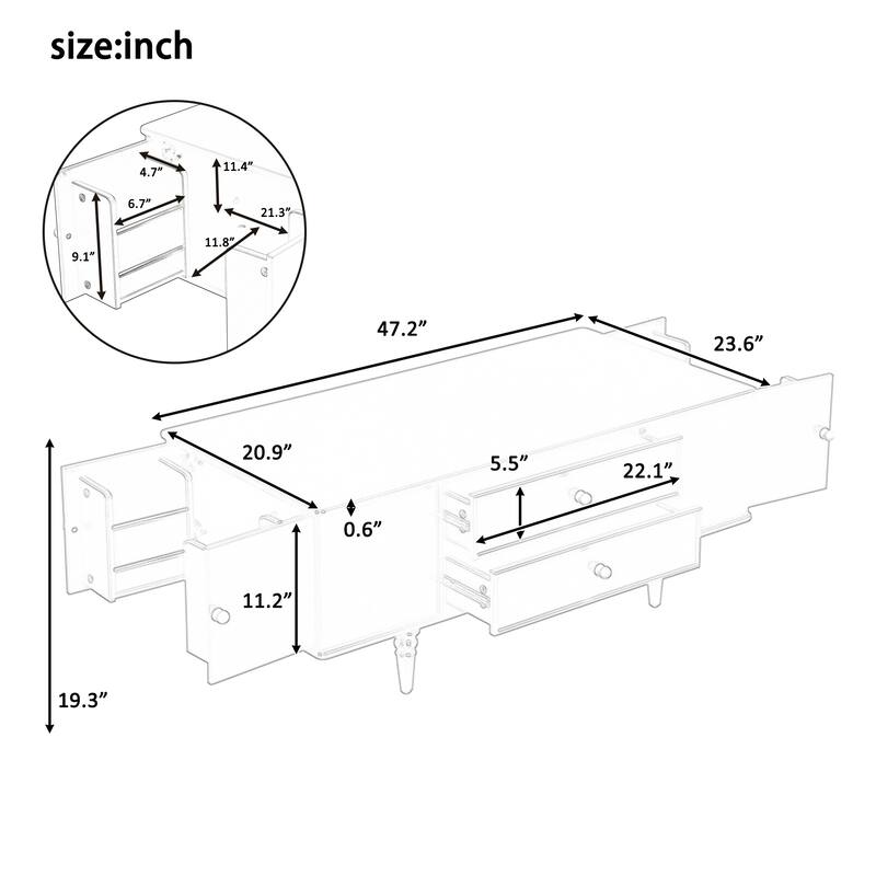 Modern Rectangle Wood Coffee Table with Four Drawers, Two Side Hidden Storage Compartments