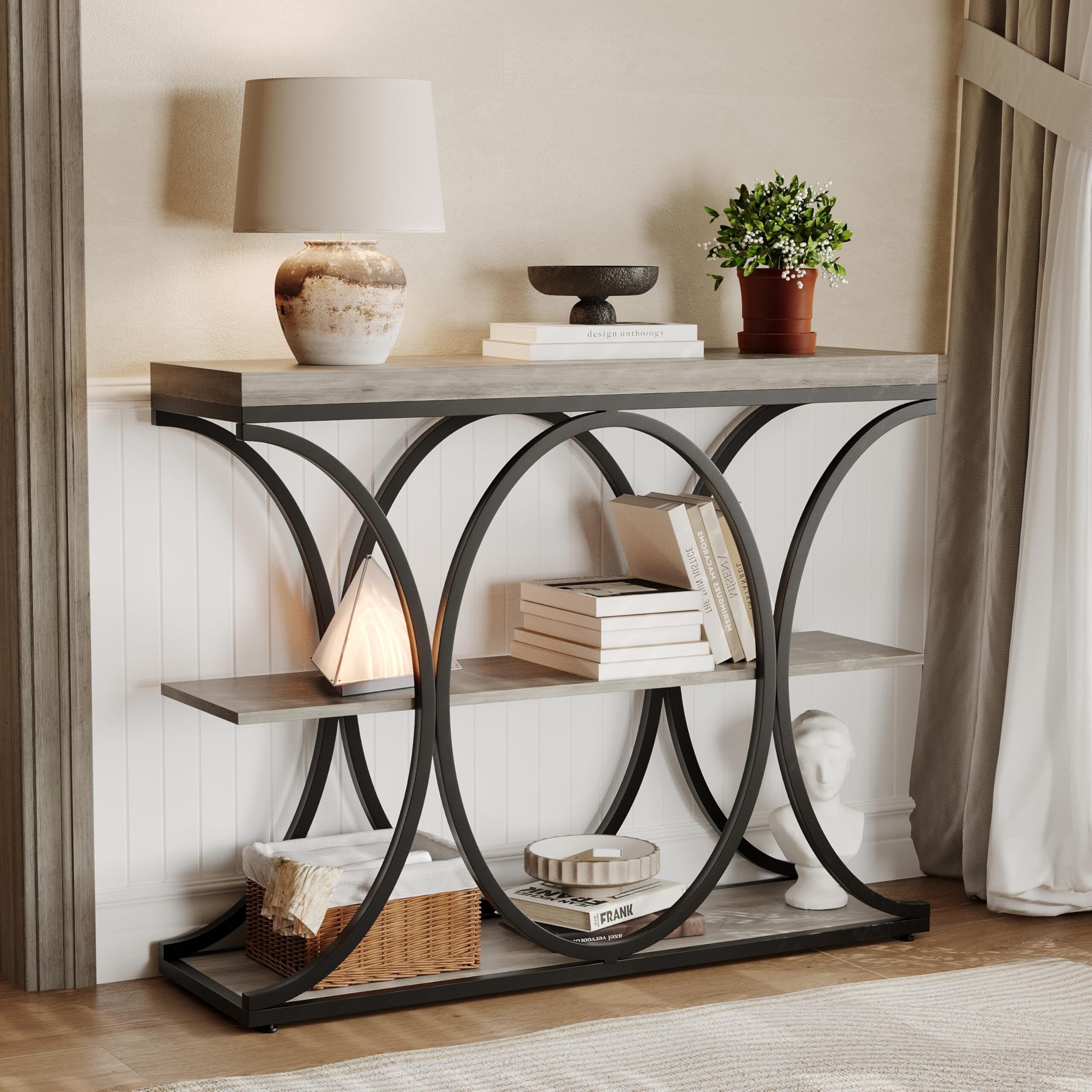 39-Inch Entryway Console Table with Storage, 3-Tier Rustic Wood Sofa Table Behind Couch with Metal Frame