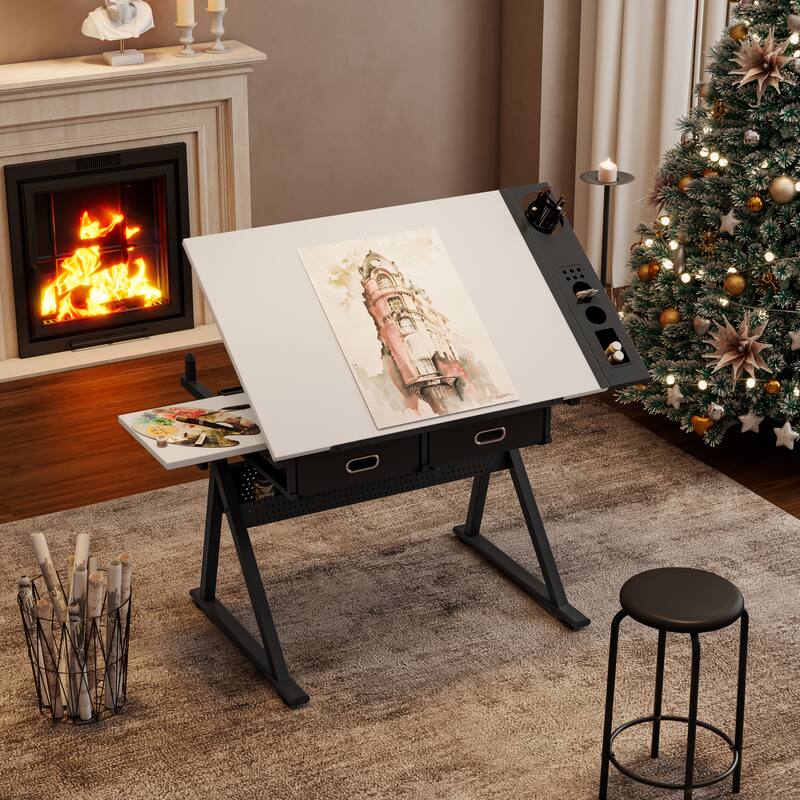 Adjustable drawing drafting table desk with 2 drawers for home office and school with stool - White