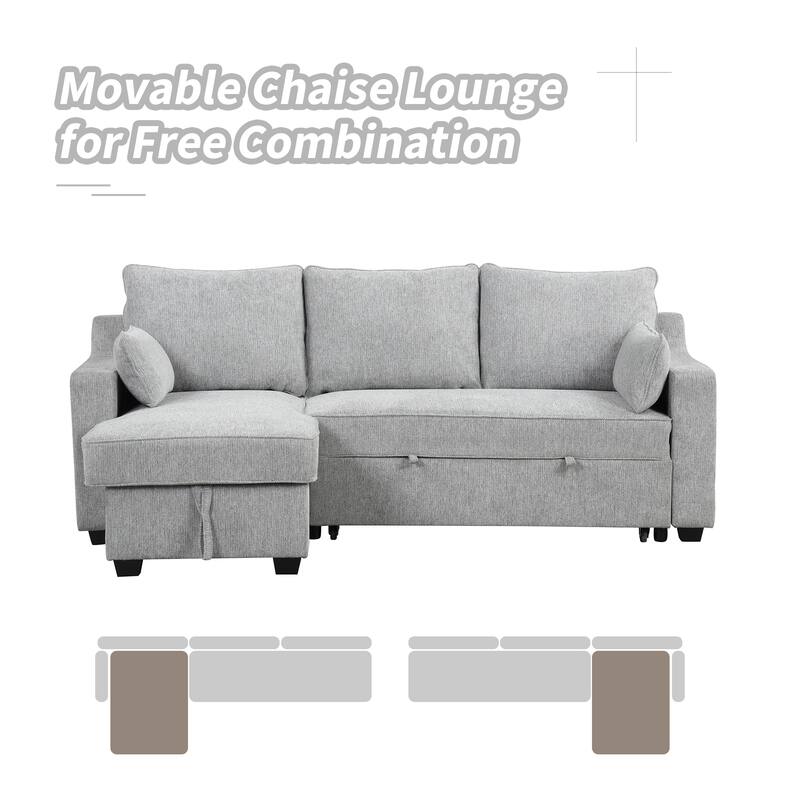 90" Pull Out Sleeper Sofa L-Shaped Couch Convertible Sofa Bed with Storage Chaise, Storage Racks and USB Ports, Light Brown