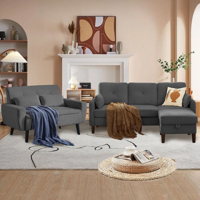 77.17" Corduroy 3 Pieces Living Room Sets with Sofa, Ottoman and Loveseat - Dark Grey