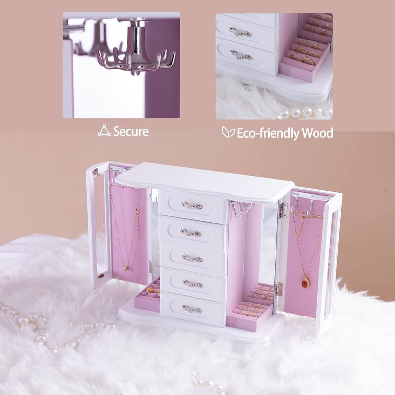 Classic vintage Jewelry Boxes for Women, 5 Layer Drawer Wood Jewelry Boxes and built-in Hooks and Attached Mirror