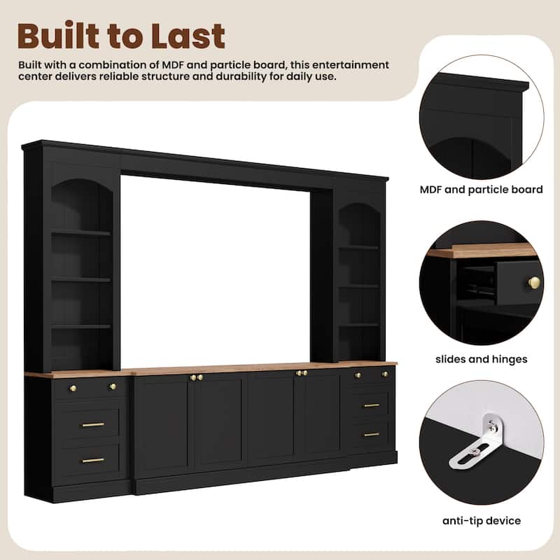 Farmhouse Arched Entertainment Center Wall Unit with Bookshelf,for TVs Up to 70",106"Multi-Functional Media Console with Drawer