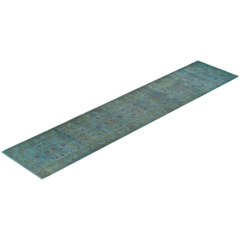 Overton Hand Knotted Wool Vintage Inspired Modern Contemporary Overdyed Blue Runner Rug - 2' 7" x 12' 3"