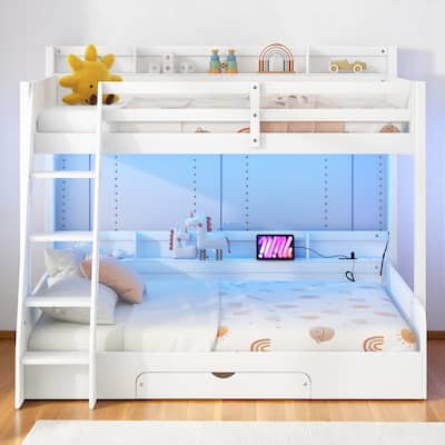 Twin Over Full Bunk Bed with Storage Shelves, LED Lights, Charging Station, and Drawer, kid bed,Storage bed