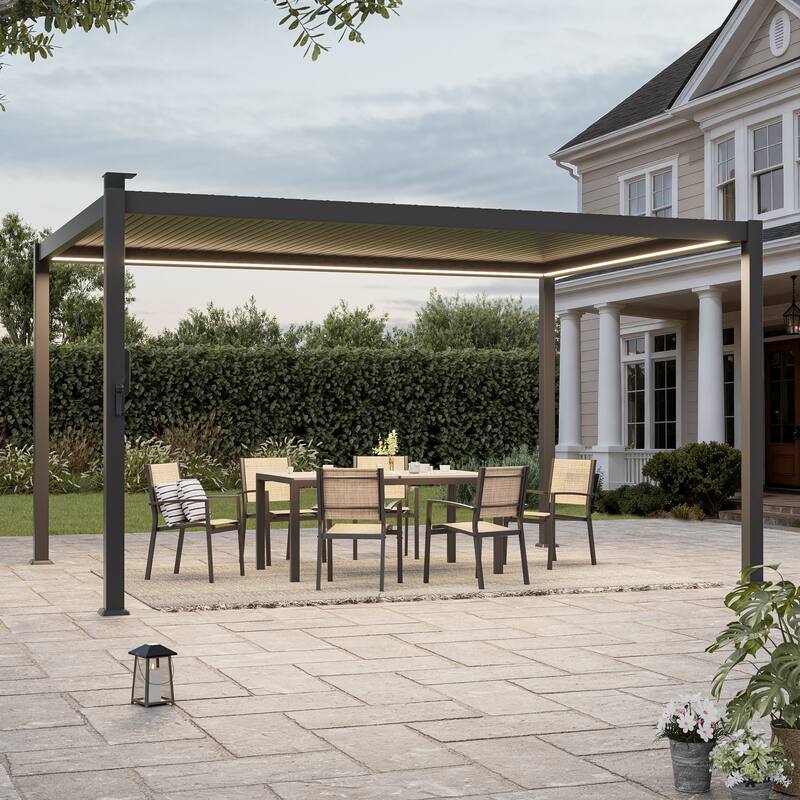 Outdoor Metal Louvered Pergola with LED Strip Lights - 10' x 13' - Grey