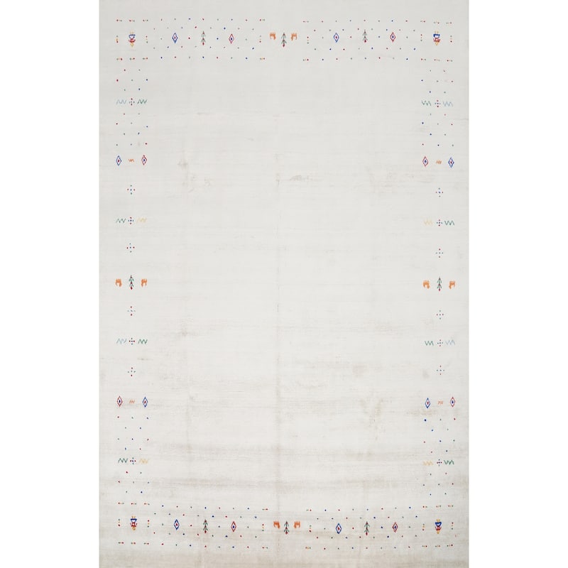 Hand Knotted Oriental Viscose Silk Carpet Tribal Animal Pictorial Beige & Ivories Gabbeh Area Rug - 9' 6'' X 8' 0''