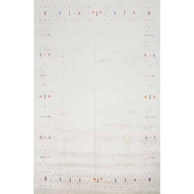 Hand Knotted Oriental Viscose Silk Carpet Tribal Animal Pictorial Beige & Ivories Gabbeh Area Rug - 9' 6'' X 8' 0''