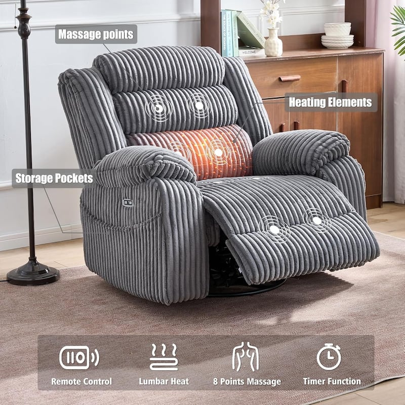 Extra-wide 270° Rotating Heated Massage Electric Recliner with USB/Type-C Charging Port