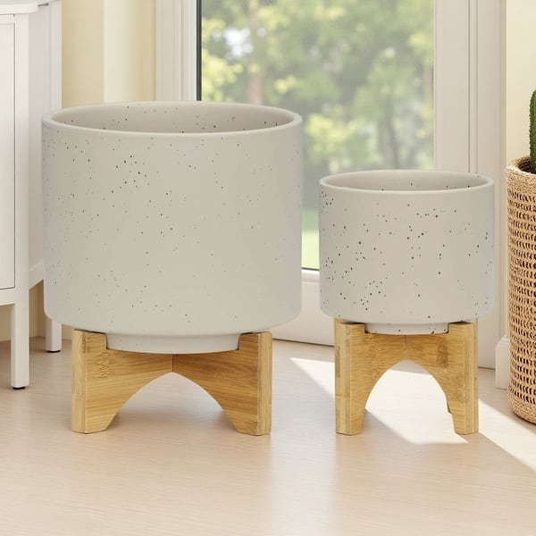 8" Set of 2 Planter with Wood Stand - High-Quality Ceramic, Drainage Holes, Ideal for Succulents & Indoor Plants, Gift Idea - Beige