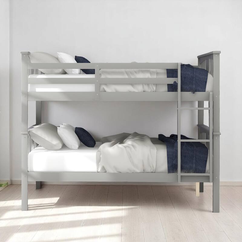 Full Over Full Bunk Bed with Convertible Design, Wooden Frame with Guardrails, No Box Spring Required,Guest Room Furniture - Grey