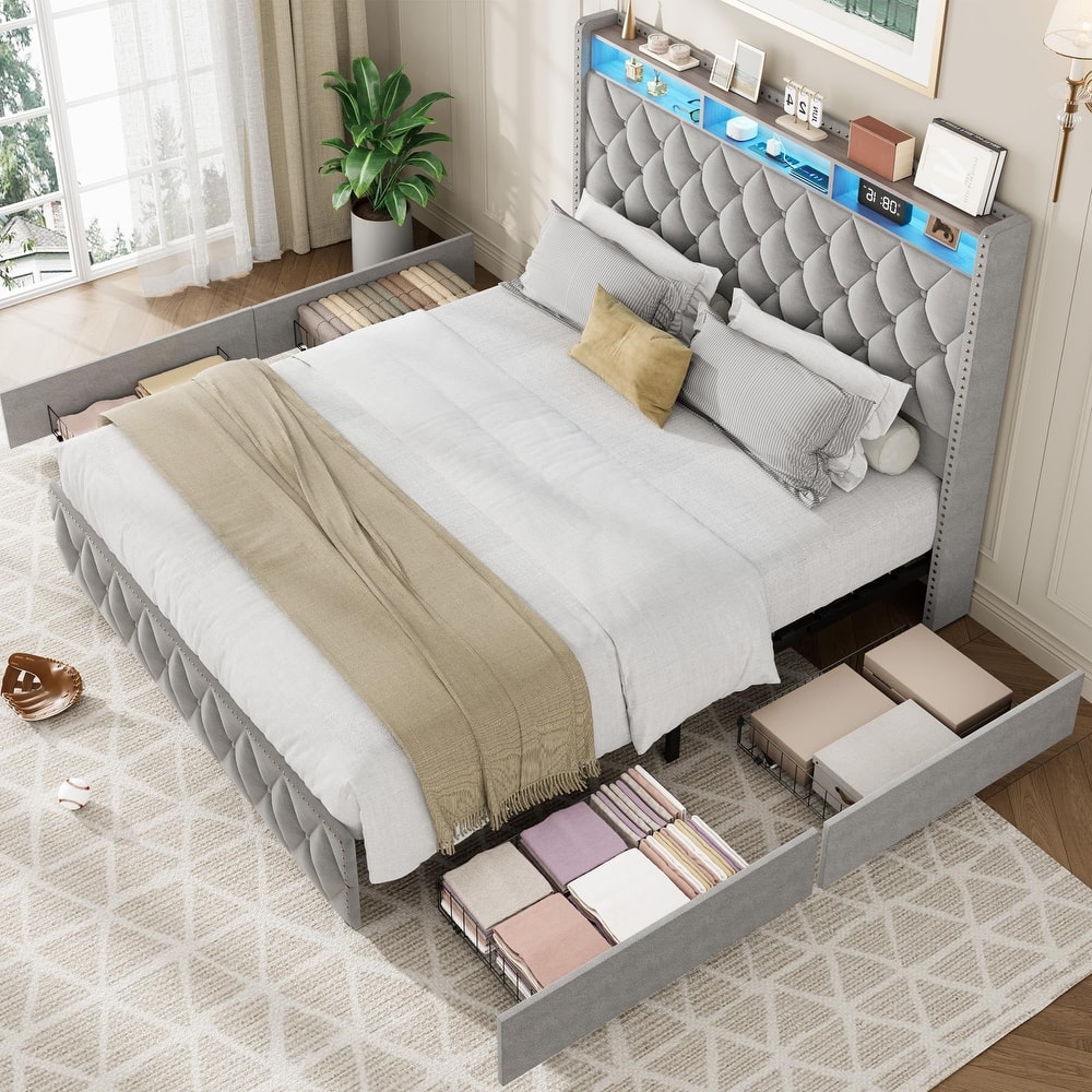 Velvet Upholstered Bed Frame with 50.8" Tall Headboard, USB Charging Station, Led Lights