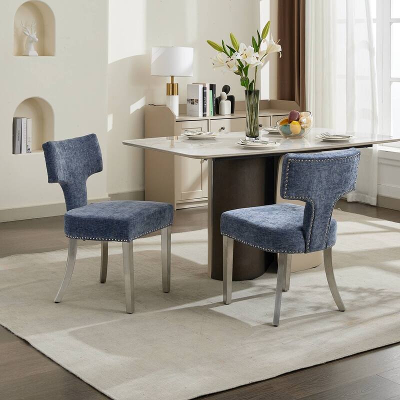 Mid Century Modern Dining Chairs Set of 2,Farmhouse Chenille Fabric Upholstered Accent Chair Curved Backrest