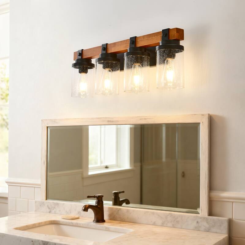 4-Light -Matte Black And Wooden Wall Lamps With Glass Lamp Shade (No Bulbs) For Dinning Room Hallway Bedroom