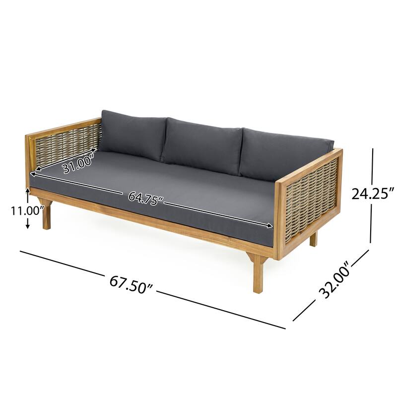 Acacia Wood Daybed with Rattan Arms Slat Paneling and Water Resistant Cushions