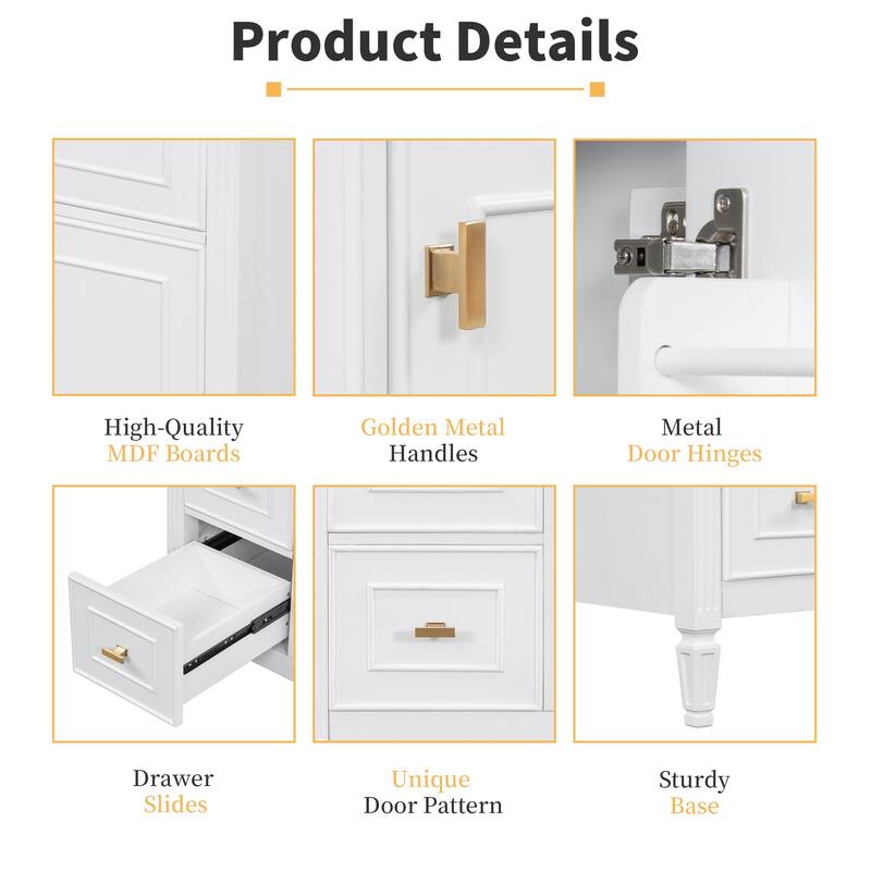 Roomfitters 30" Bathroom Vanity with Ceramic Sink, Solid Wood Frame with Flip Drawer, 2 Side Drawers & Adjustable Shelf
