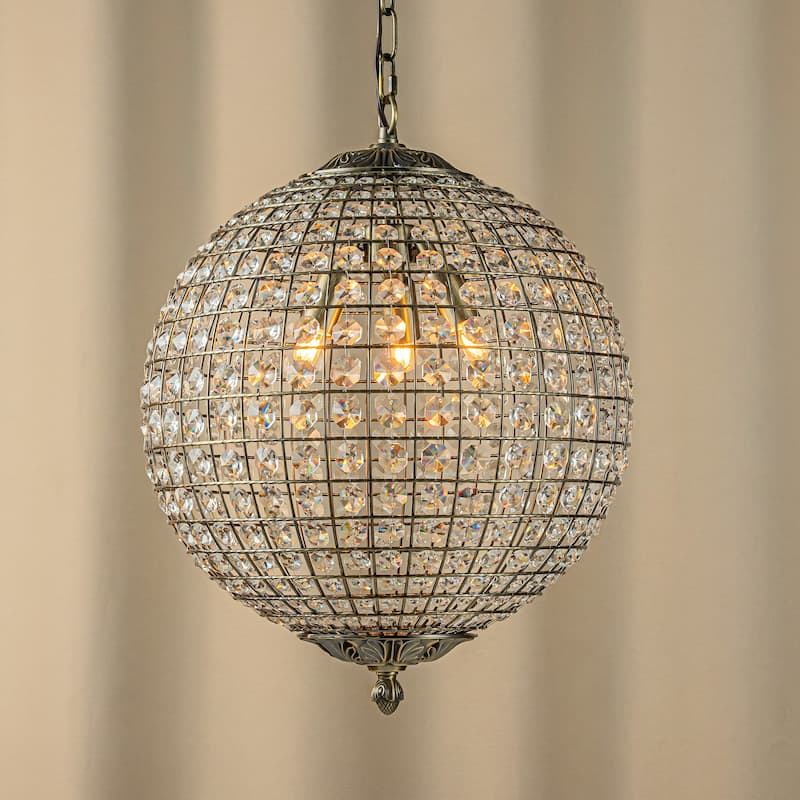 DancyHome 1/3-Light Retro Antique Bronze Crystal Globe Chandelier Small Sphere Pendant Light - W: 15.7"