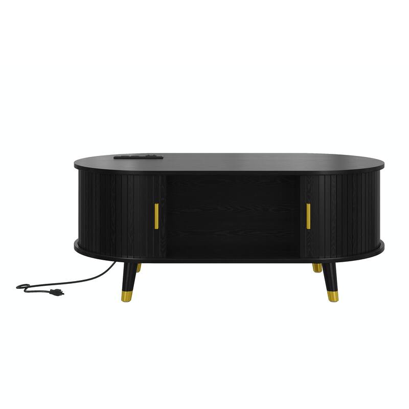 42.5" Wood Oval Coffee Table with Charging Station, Mid-Century Center Table with Sliding Tambour Door, Farmhouse Cocktail Table