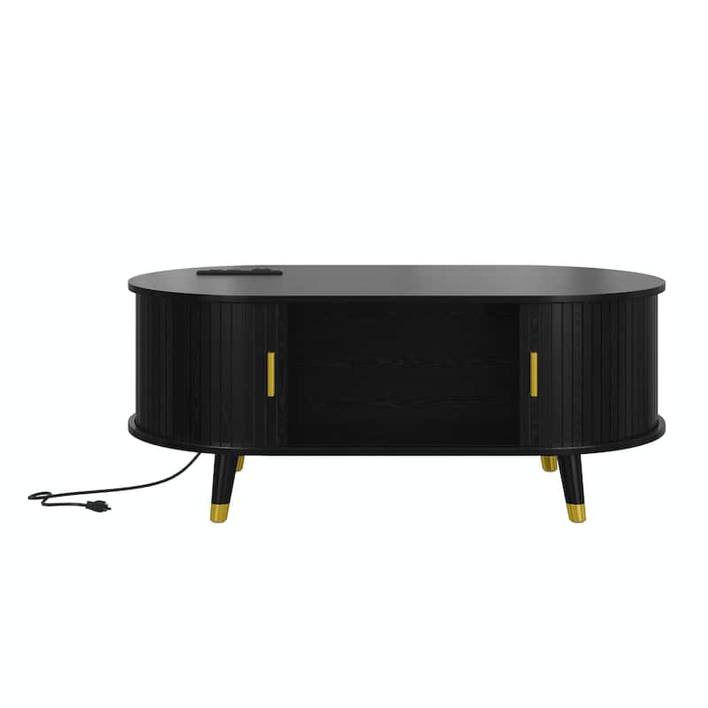 Mid-Century Modern Oval Coffee Table with Sliding Tambour Door, Charging Station and Solid Wood Legs, for Living Room