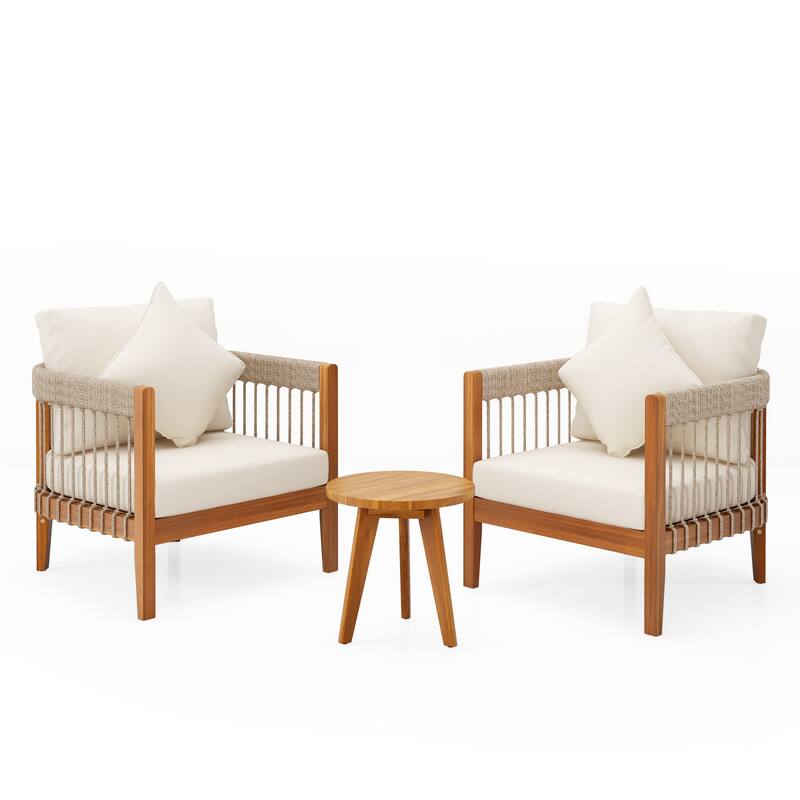 3 Pcs Set Acacia Wood Outdoor Club Chair with Handwoven Rope Accents & Curved Backres -Water-Resistant,Removable Cushions