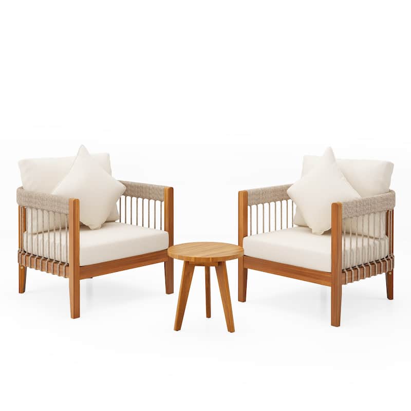 3 Pcs Set Acacia Wood Outdoor Club Chair with Handwoven Rope Accents & Curved Backrest - Water-Resistant Boho Patio Lounge Chair