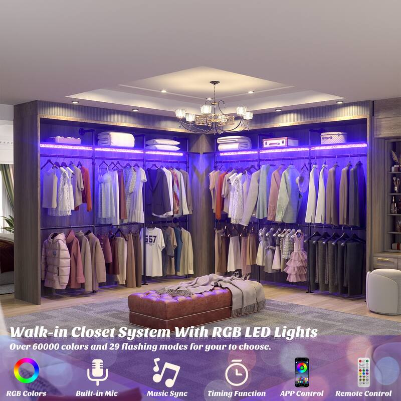 Industrial Pipe Clothing Rack, Reversible 118.3'' Garment Rack with LED Lights& Shelves for Walk-in Closet