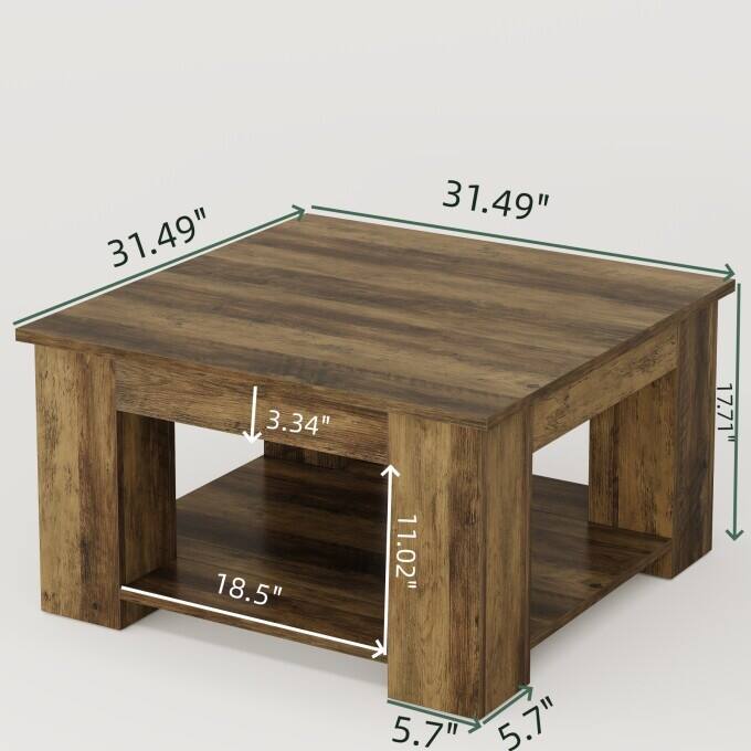 31.5" Wooden Square Coffee Table, 2-Tier Center Table with Storage