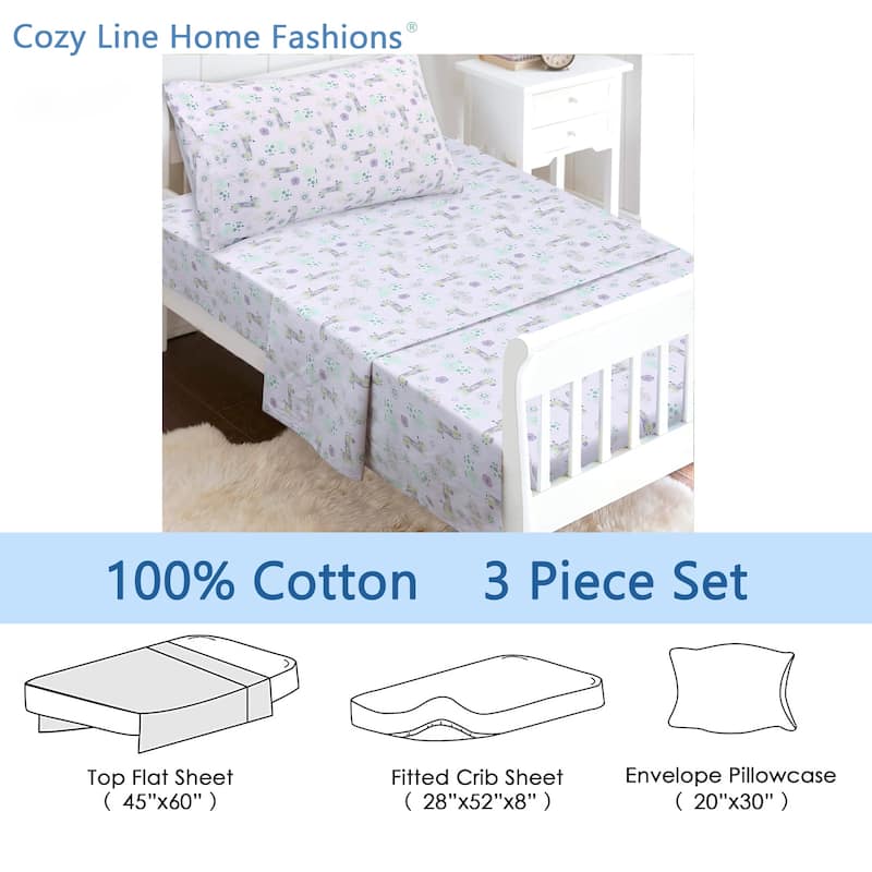 3-Piece Cotton Toddler Sheet Set for Kids Boys & Girls (Animals, Fish, Sports, Floral)