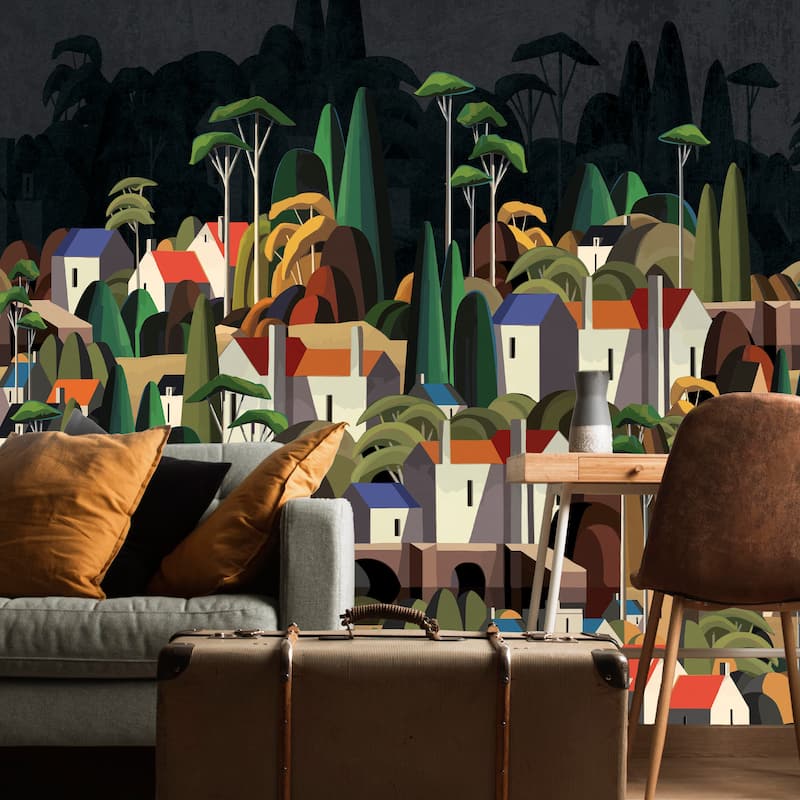 Moody Village Landscape Wallpaper Mural