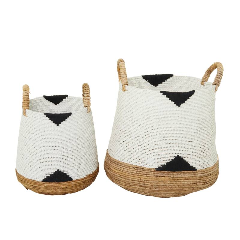 CosmoLiving by Cosmopolitan Banana Leaf Handmade Triangle Details Storage Basket with Handles (Set of 2) - Black or White