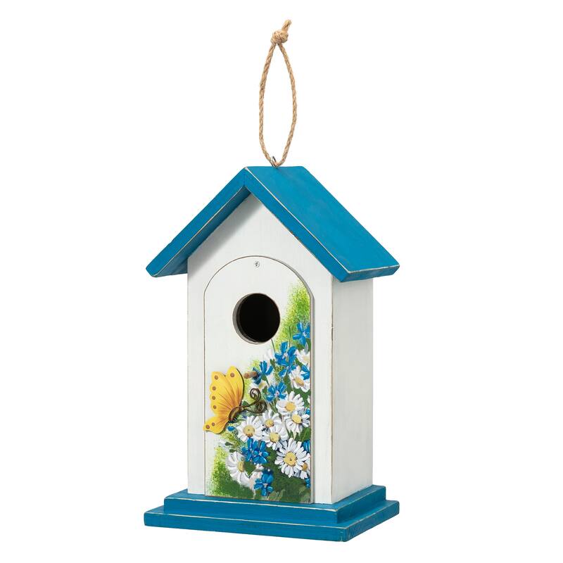 Glitzhome 11.75"H Distressed Solid Wood Daisy with Butterfly Birdhouses