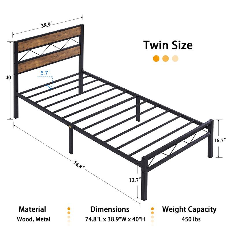 Metal Bed Frame with Brown Wooden Headboard, No Box Spring Needed