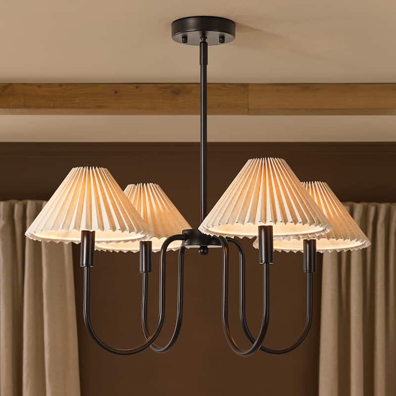 4-Light Mid-Century Modern Chandelier in Brushed Gold/Matte Black Chandelier with Pleated Shades for Living Room - Black