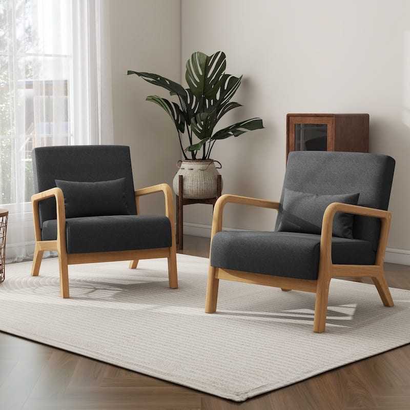 Briston 2 Set Mid Century Modern Wood Accent Chairs with pillow - Linen - Dark Gray-2Pack